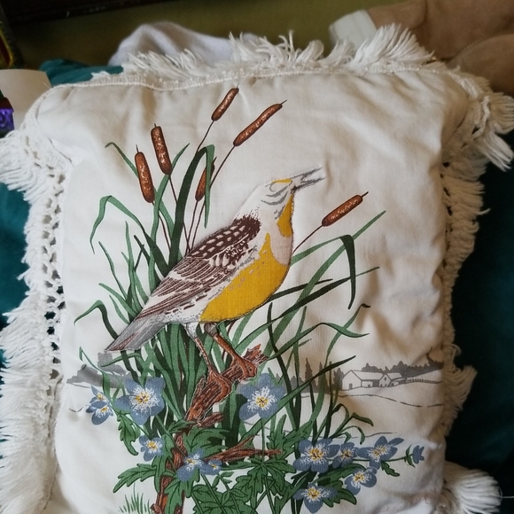 Vintage Meadow Lark Quilted Accent Pillow - Bird - Cottage - Picture 2 of 3